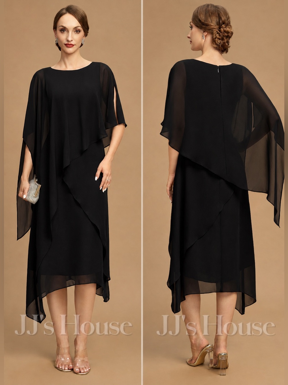 JJ’s House Avehe #284780 Black A-Line Cape Chiffon Dress 18W